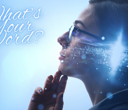 Woman wearing glasses, looking up and thinking